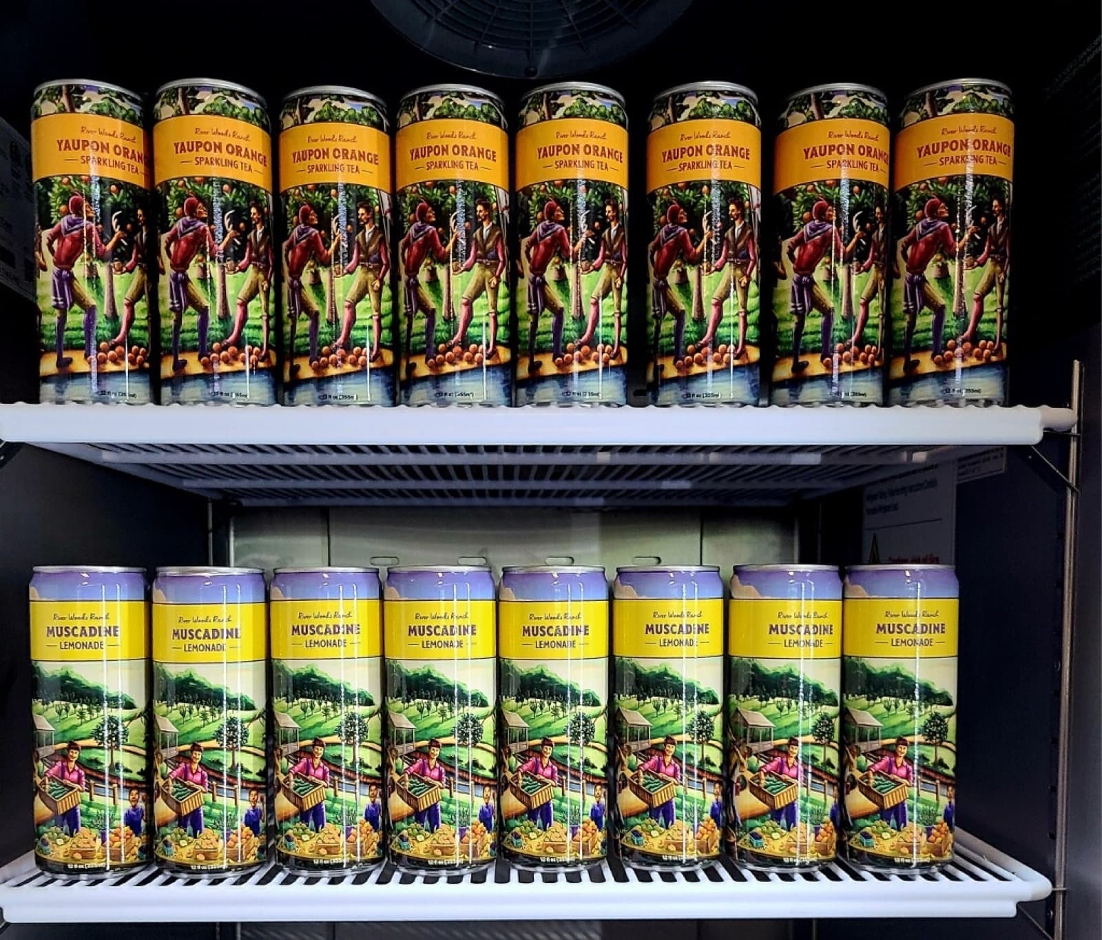 Cans of Muscadine Lemonade and Yaupon Orange in the cooler