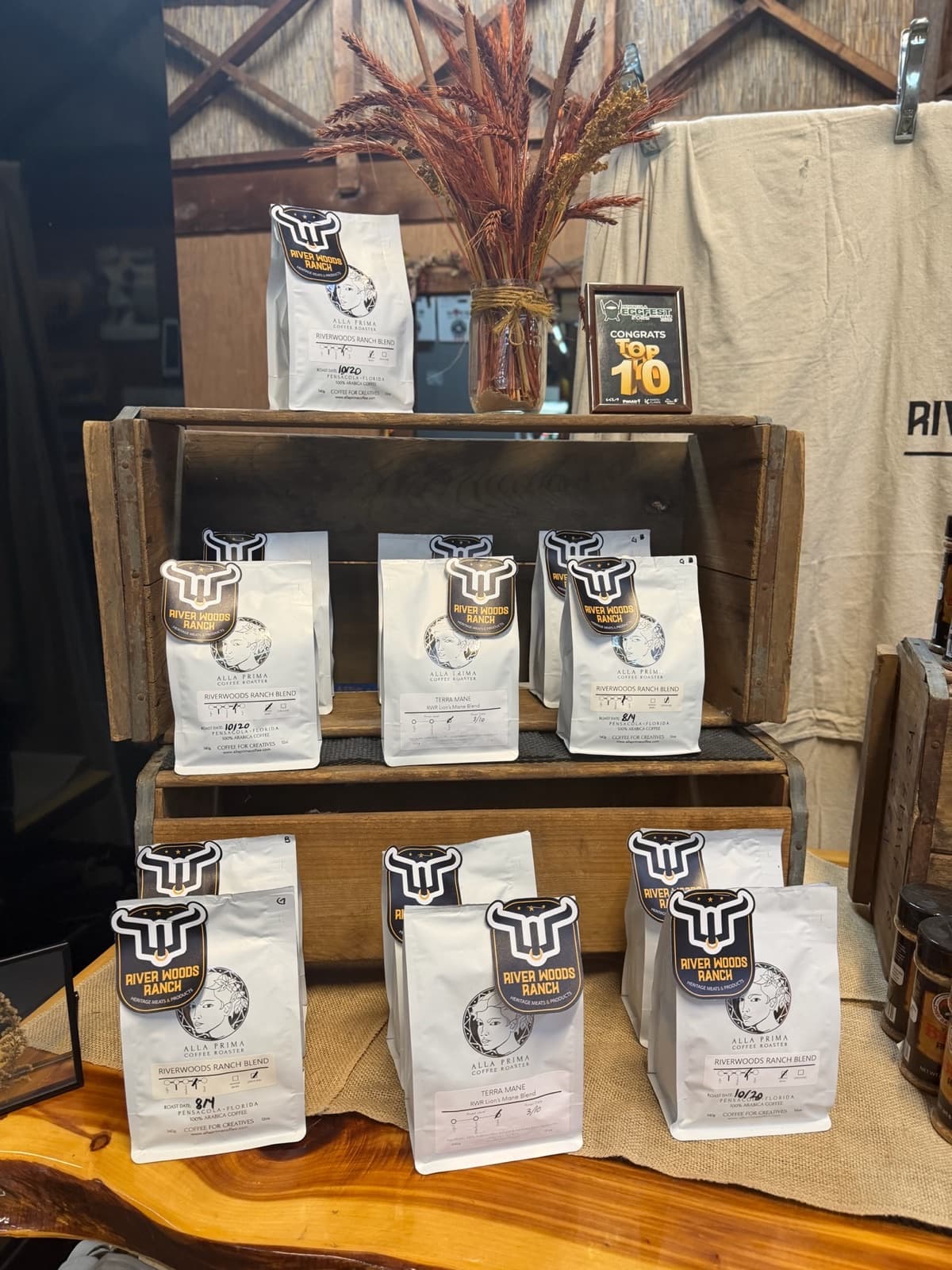 River Woods Ranch coffee bags on display